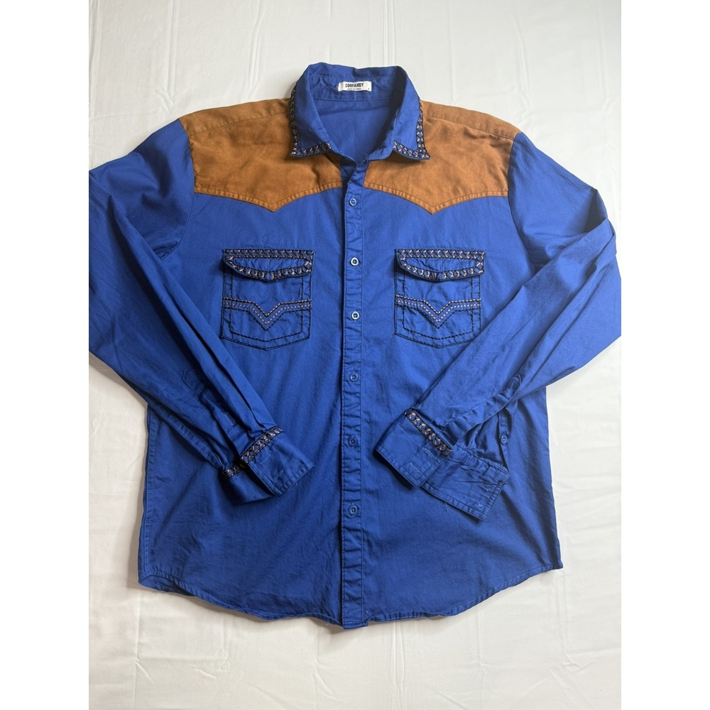 Coofandy Long Sleeve Western Button Up Shirt Mens Size M Blue Brown Yokes Cotton